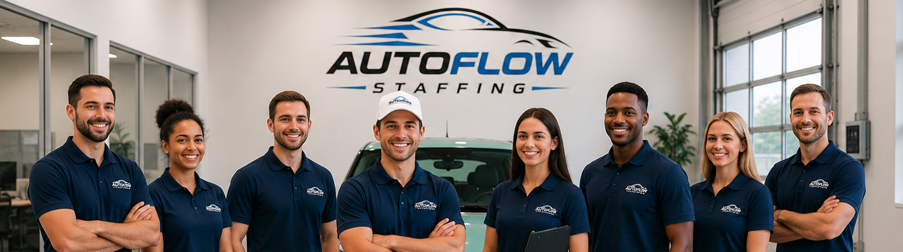 AutoFlow team in branded navy polos at facility — how our automotive transport delivery process works