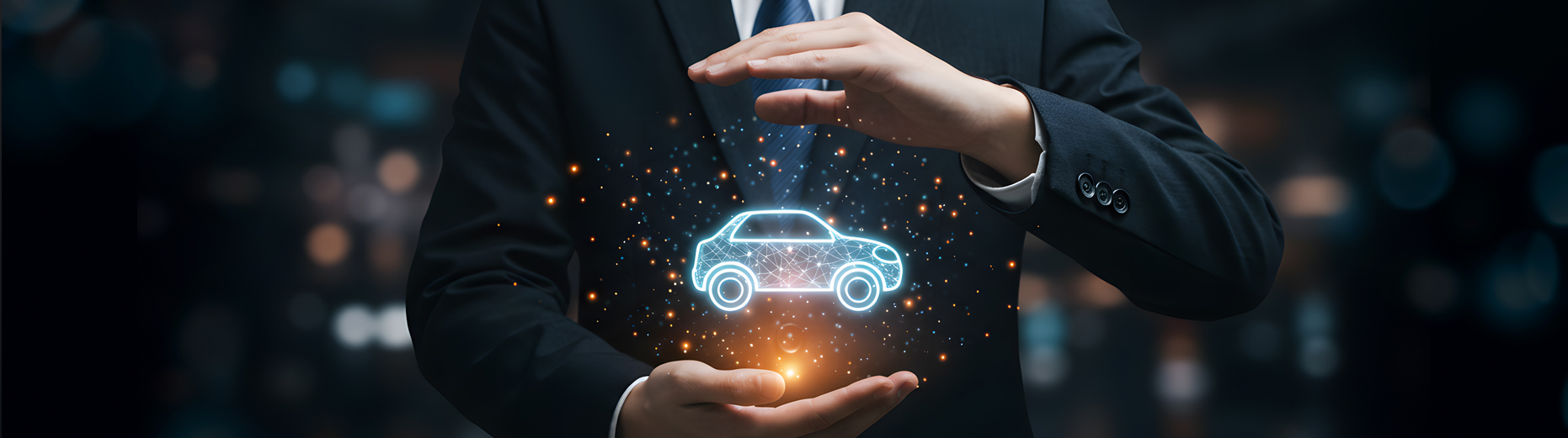 Businessman holding holographic car icon representing auto insurance — AutoFlow vehicle transport insurance the U.S.