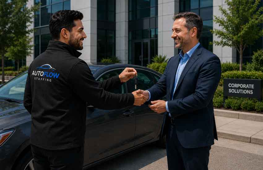 AutoFlow employee delivering a rental car directly to a customer at their corporate office