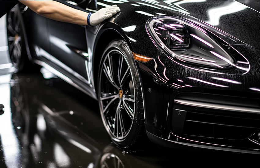 Professional detailer hand-polishing a black Porsche to a mirror finish at an auto detail shop