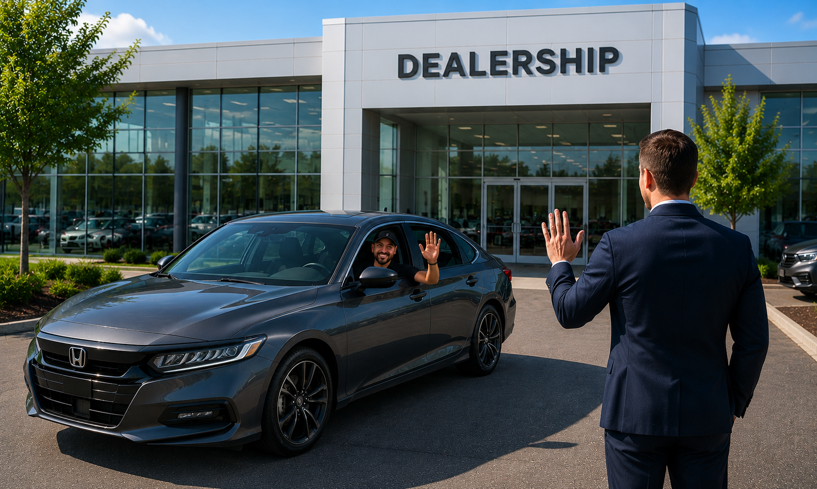AutoFlow driver delivering a Honda Accord to a dealership with manager waving