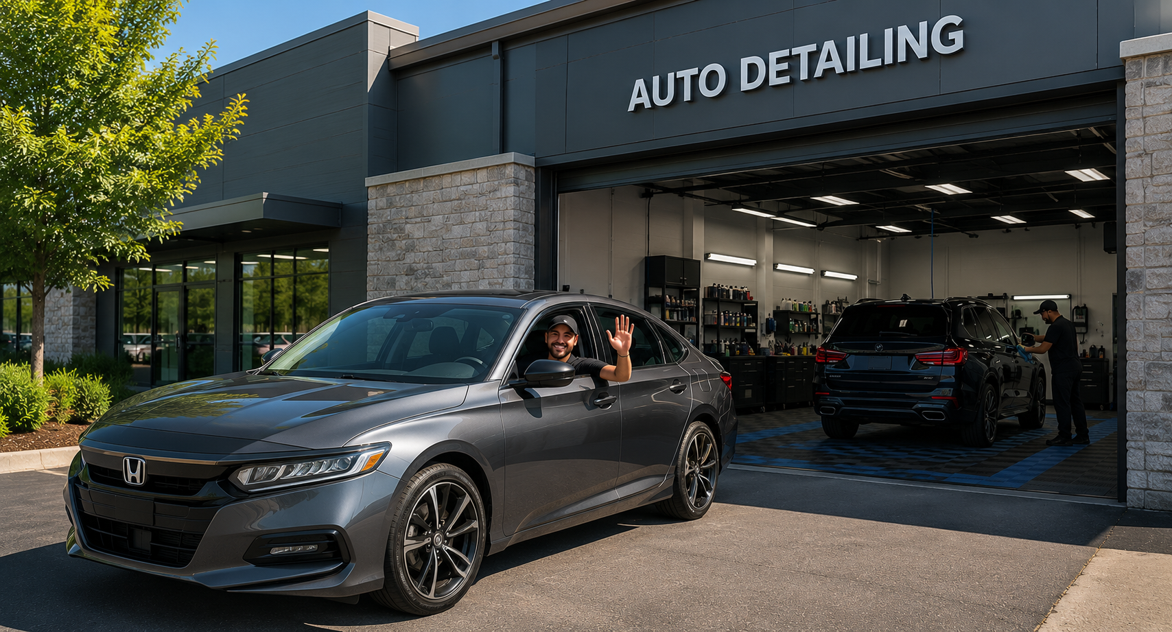 AutoFlow driver waving from a Honda Accord at an auto detailing shop with BMW being serviced inside