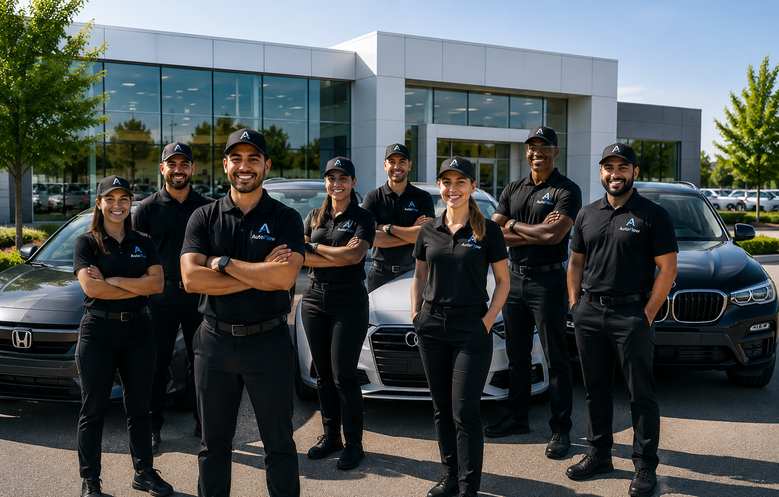 AutoFlow team in branded black polos and caps standing with Honda, Audi, and BMW vehicles at a dealership