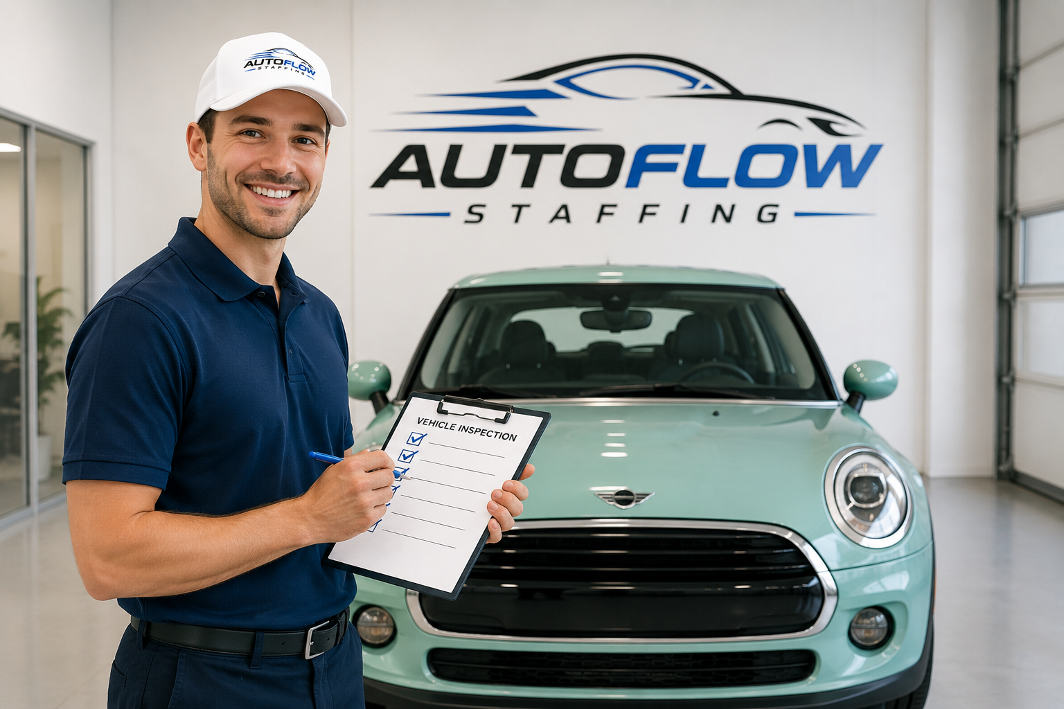 AutoFlow driver performing vehicle inspection with clipboard at branded facility