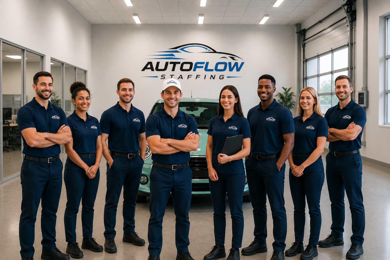 AutoFlow team of professional automotive transport drivers in uniform